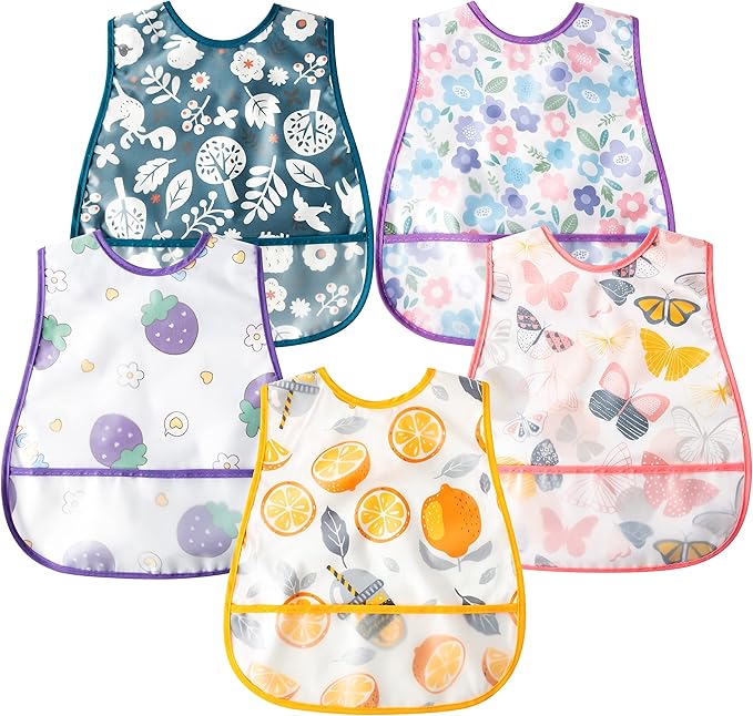 R HORSE 5Pcs Baby Bibs Set Toddler Bibs with Crumb Catcher Pocket & Snap Button Waterproof Baby Feeding Bibs for 6-24 Months