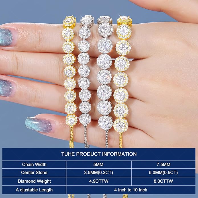 Moissanite Halo Bracelet 4.9CT-8.0CT Lab Grown Moissanite Bracelet for Women 18K White Gold Plated S925 Sterling Silver Adjustable Tennis Bracelet 5MM/7.5MM Iced Out Bracelets Cluster Jewelry