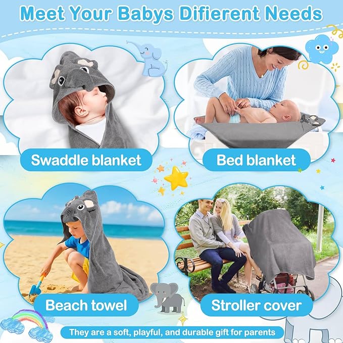 4 Pcs Baby Towels and Washcloths Set, 1 Pcs Animal Hooded Baby Towels & 3 Pcs Baby Washcloths for Newborns, Toddlers, and Kids, Soft Absorbent Hooded Bath Towel for Boys & Girls (Gray Elephant)