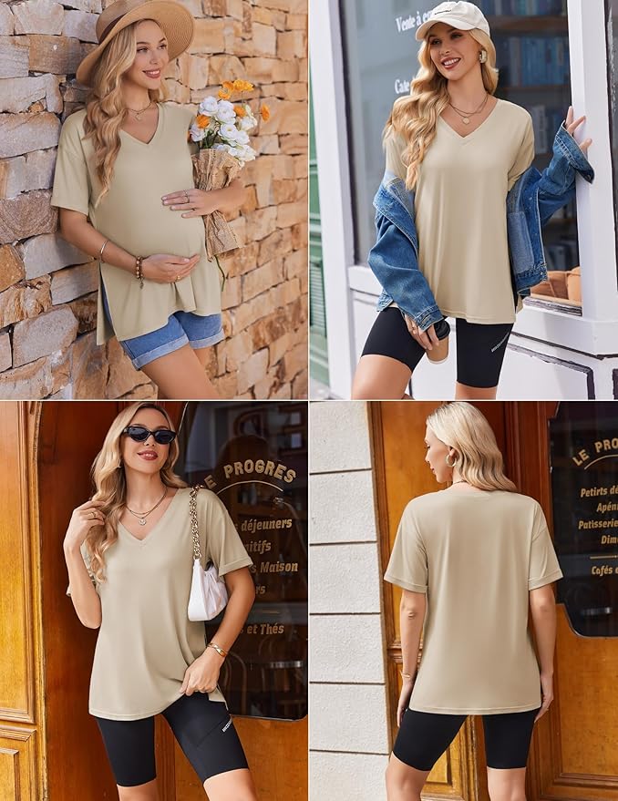 Ekouaer 3 Packs Women's Maternity Shirts V Neck Pregnancy Tops Short Sleeve Casual Workout Tees Side Split Mama Clothes