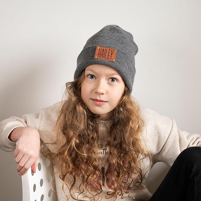 Personalized Name Baby Beanie Hat Leather Patch - Apricot Beanies Knit Hat Birthday Gifts for Kids Toddler to Adults