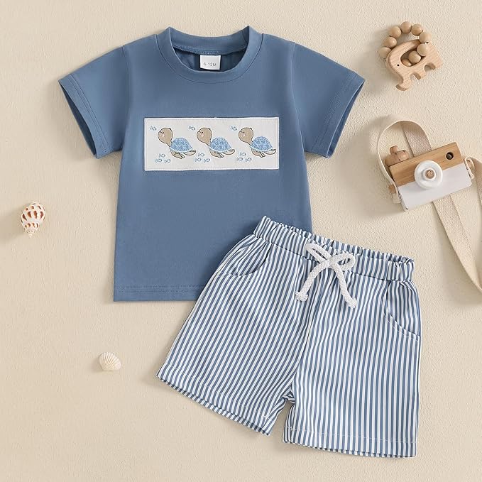 fhutpw Toddler Baby Boy Summer Clothes Tractor Letter Short Sleeve T-Shirt Tops Pockets Casual Shorts Set Infant Outfits