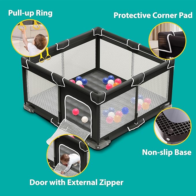 Foldable Playpen for Babies and Toddlers, 50x50 Inches Portable Playpen, Kids Collapsible Play Pen with 2 Handlers, Indoor & Outdoor Baby Fence Play Area with Visible Mesh, Black