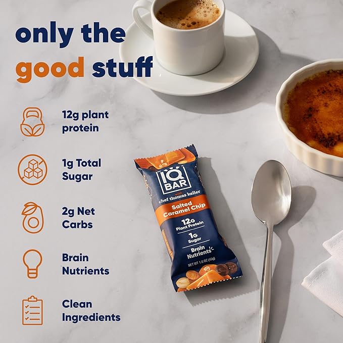IQBAR Brain and Body Clean Plant Protein Bars - Salted Caramel Chip - 12 Bars - Keto, Vegan, High Fiber, Gluten and Dairy Free, Low Sugar Snack with Nutrients for Focus, Energy, Meal Replacement