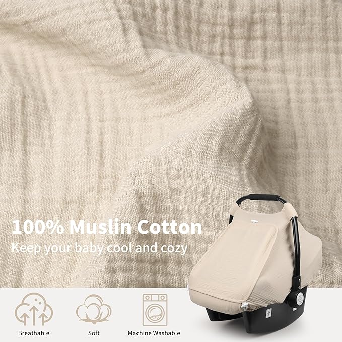 Rquite Car Seat Cover Baby, Carseat Covers Girl Boy, Breathable Muslin Cotton, Large Mesh Window, Infant Car Seat Canopy Baby Carrier Cover Stroller Sun Shade for Summer & Hot Day, Beige