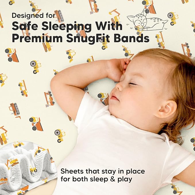 Pack and Play Sheets Fitted - 2-Pack Mini Crib Sheets for Pack N Play Mattress 38x26, Soft & Cozy, Neutral Toddler Playard Bedding, Snug Fitted Mini Baby Crib Mattress Cover Boy, Girl (Construction)