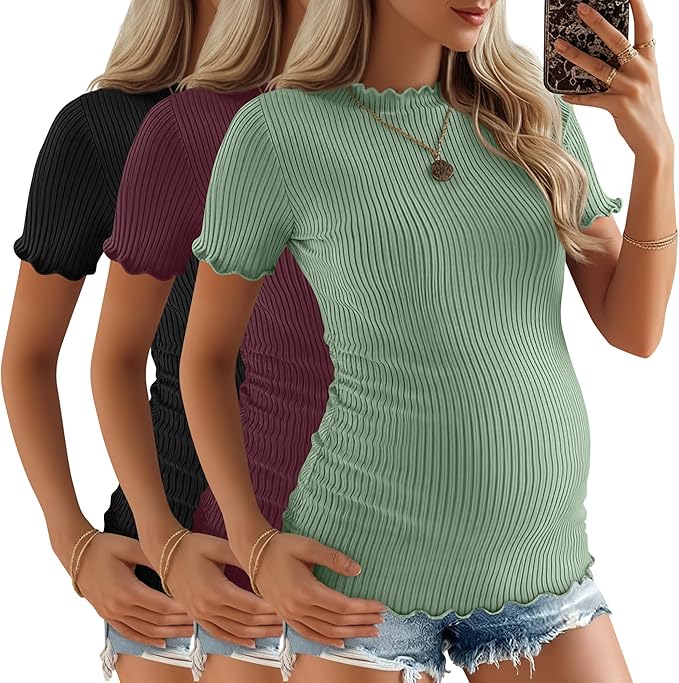 3 Pack Women's Maternity Tops Short Sleeve Ribbed Knit Maternity Shirts Crew Neck Side Ruched Pregnancy Clothes