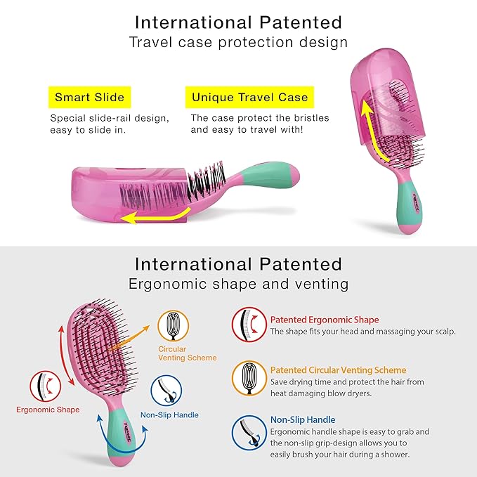 NuWay 4HAIR® U.S. Patented Detangler Hair Brush for Men & Women - Bubblegum Pink | Hair Comb for Scalp Care - Fast Dry Venting Scheme - TravelC Detangling Brush for All Hair Type