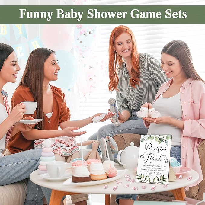 Roowest 51 Pcs Pacifier Hunt Baby Shower Games Include Wooden Hunt Sign and 50 Acrylic Mini Plastic Pacifiers for Baby Shower Game Decoration Gift Sets Gender Reveal Party Supplies