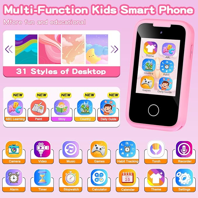 Kids Smart Phone for Girls, Christmas Birthday Gift for Girls Age 3-8, Children's Pretend Play Phone, Toddler Fake Cell Phone with Games, MP3 Music Player, Toys for 3 4 5 6 7 8 Years Old(Pink)