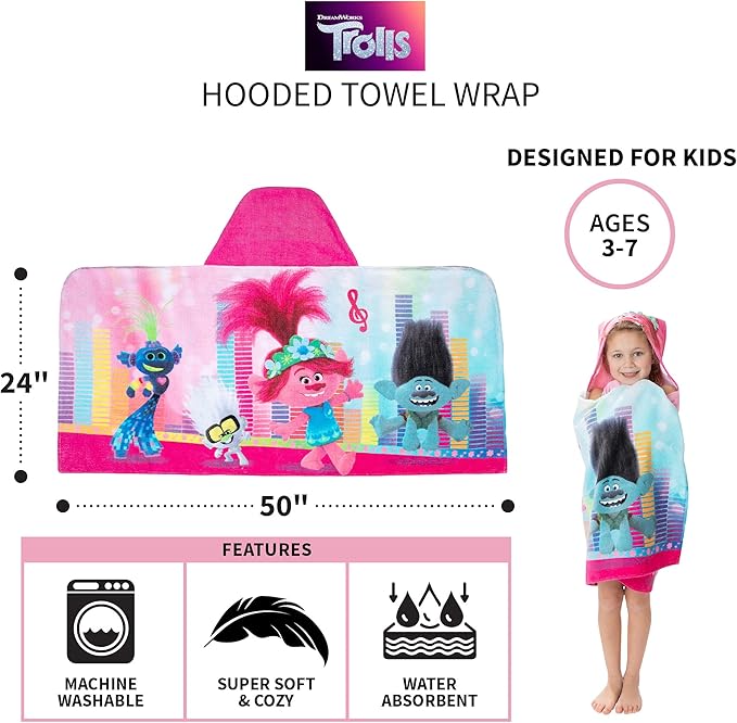 Trolls World Tour Bath/Pool/Beach Soft Cotton Terry Hooded Towel Wrap, 24" x 50", By Franco Kids