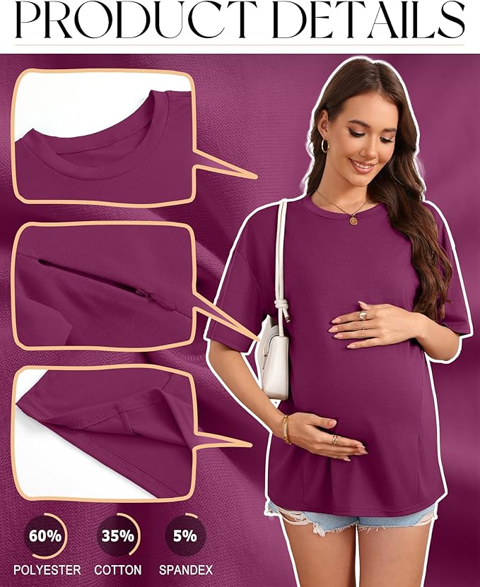 3 Pack Women's Oversize Nursing Breastfeeding Shirts Hidden Zipper Short Sleeve Loose Fit Maternity Tops