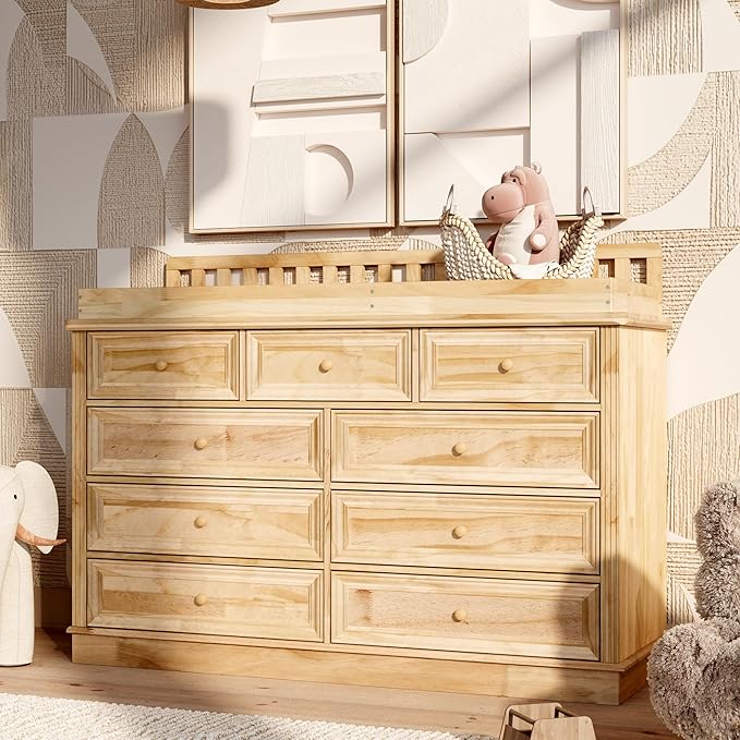 Homsee Baby Changing Table Dresser, 100% Solid Wood Infant Diaper Changing Station Combo, 9-Drawer Baby Nursery Dresser with Removable Tray for Children's Room Bedroom, Nature Color 55.1"W