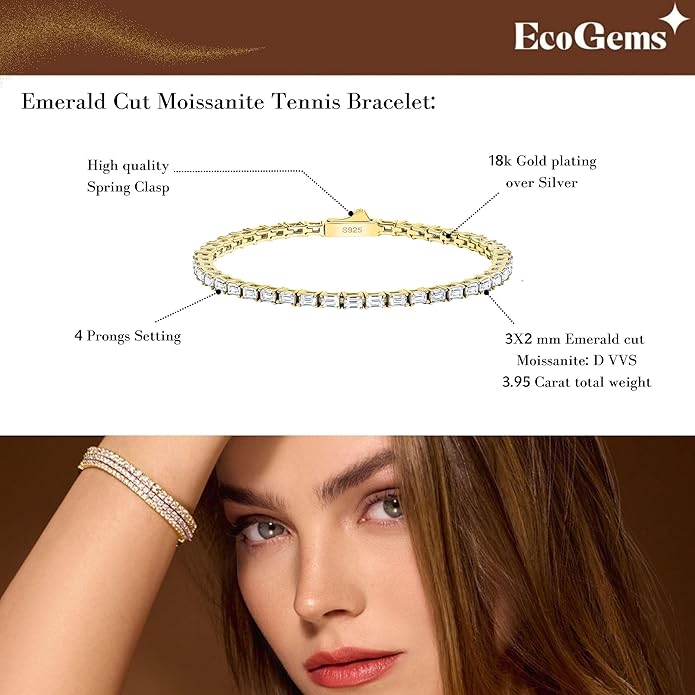 EcoGems Moissanite Tennis Bracelet for Women and Men – 18K White or Yellow Gold Plated Sterling Silver – Lab Grown D Color VVS Clarity Stones – Elegant Gift Box Included