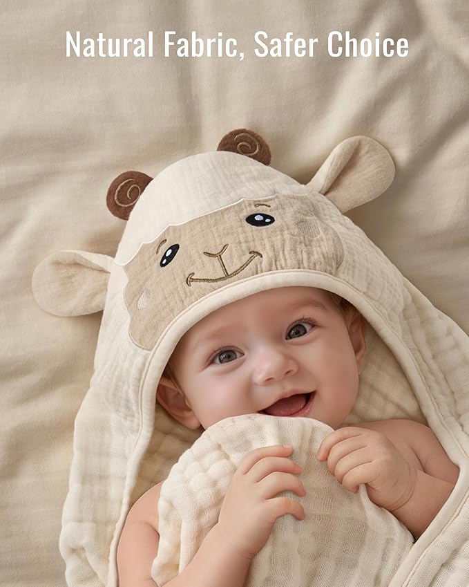 Blissful Diary Muslin Baby Hooded Towel 1 Pack, Soft & Absorbent Bath Towel for Infant, Toddler, Unisex, Baby Gift, Newborn Essentials, Gentle Lamb