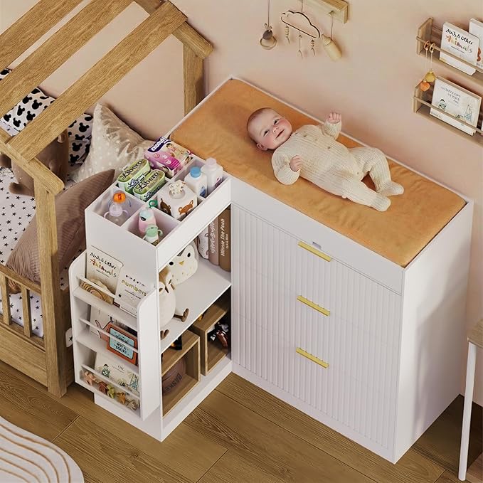 Nursery Changing Table Dresser,Diaper Changing Table with Storage,Corner Baby Dressing Table with 3 Drawers and 2 Shelves, Modern Storage Crib with Changing Station for Nurseries and Baby Rooms