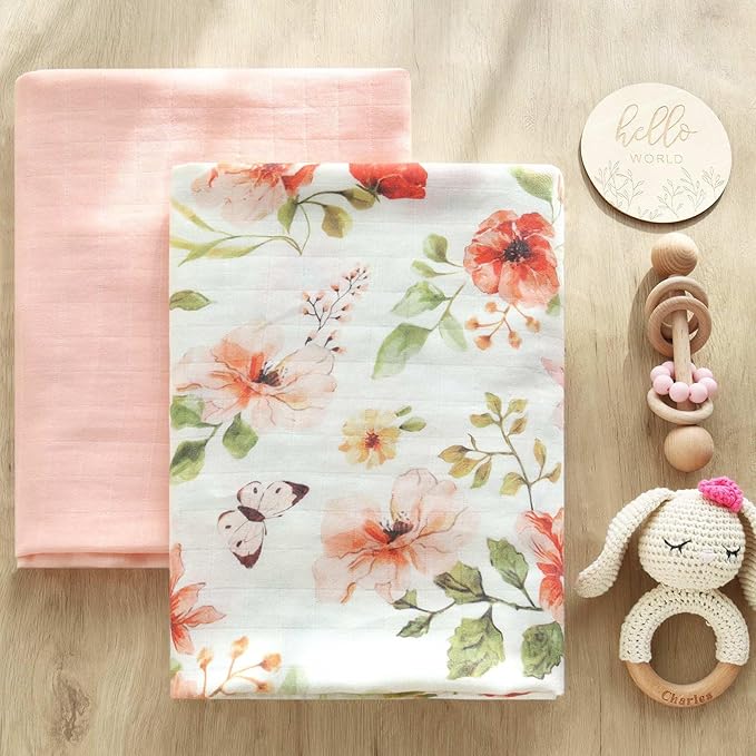 LifeTree Baby Swaddle Blankets, Boys Girls Muslin Swaddling Wrap Receiving Blanket for Newborn, 70% Viscose from Bamboo and 30% Cotton, Large 47" x 47", Butterfly Floral and Pink
