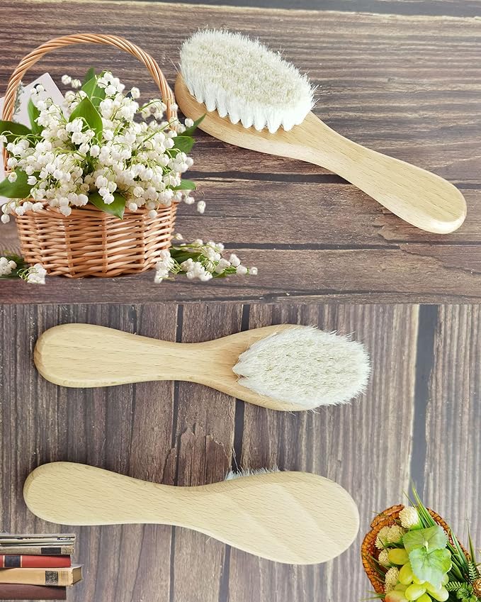 Baby Hair Brush, Goat Bristles Brush and Rose Red Baby Silicone Brush Set for Cradle Cap Wood Bristle Brush for Newborns and Toddlers (2 Piece)