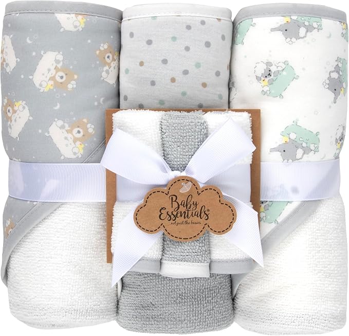 Baby Bath Essential Hooded Baby Bath Towel and Washcloth 6 Piece Set for Newborns, Infants & Toddlers, Boys & Girls Baby Hooded Towels Set (Teddy Bear Print)