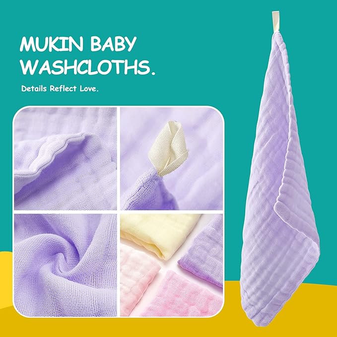 MUKIN Baby Muslin Washcloths, Natural Cotton, Soft Newborn Face Towel, 5 Pack, 12 x 12 inches (White,Pink,Yellow,Purple)