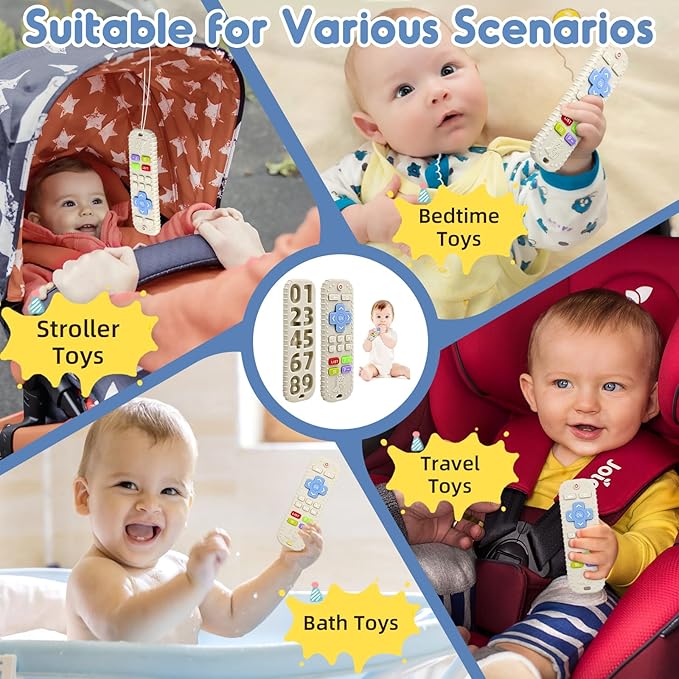 Teething Relief Teethers Toys for Babies 3-6-12 Months Gifts, Food Grade Silicone Sensory Remote Control Baby Teether Bath Toys for 9 18 Months Newborn Infant Boy Girl Autism, Beige