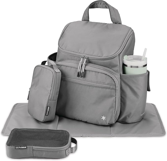 Skip Hop Diaper Bag Backpack with Portable Changing Pad Adjustable Pocket for 30 oz. Tumblers 9 Total Pockets Insulated Packing Cubes Luggage Sleeve & Stroller Straps Fits a 14” Laptop Forma Next Grey