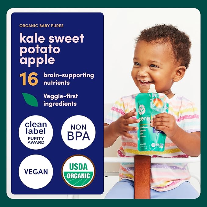 Cerebelly Organic Baby Food Pouches, Kale Sweet Potato Apple Purees, 16 Nutrients, No Added Sugar, Fiber & Non-GMO, 4oz, 12 Pack