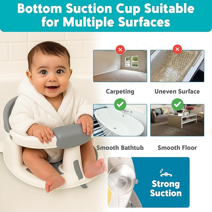 Baby Bath Seat for Babies 6 Months & Up with Floating Temperature Device as Gift, Bath Seats for Babies Sitting Up Non Slip Design + Strong Suction Cups, Toddler & Infant Shower Seats, Baby Tub Seat