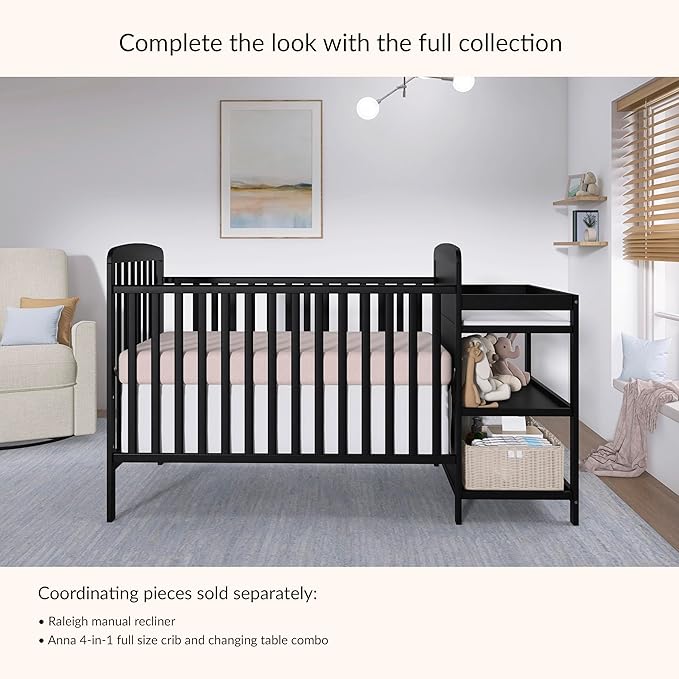 Dream On Me Anna 3-in-1 Convertible Full-Size Baby Crib & Changer with Storage in Black, GreenGuard Gold & JPMA, Pinewood, Converts to Day & Toddler Bed, 3 Mattress Heights, 1″ Changing Pad