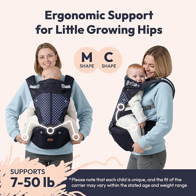 BabbleRoo Grow Carrier – Safety-Certified 6-in-1 Toddler & Baby Carrier with Hip Seat, Ergonomic & Adjustable Toddler Carrier 7-50 lbs with Hip Support, Hood for Sun Protection, Newborn to Toddler