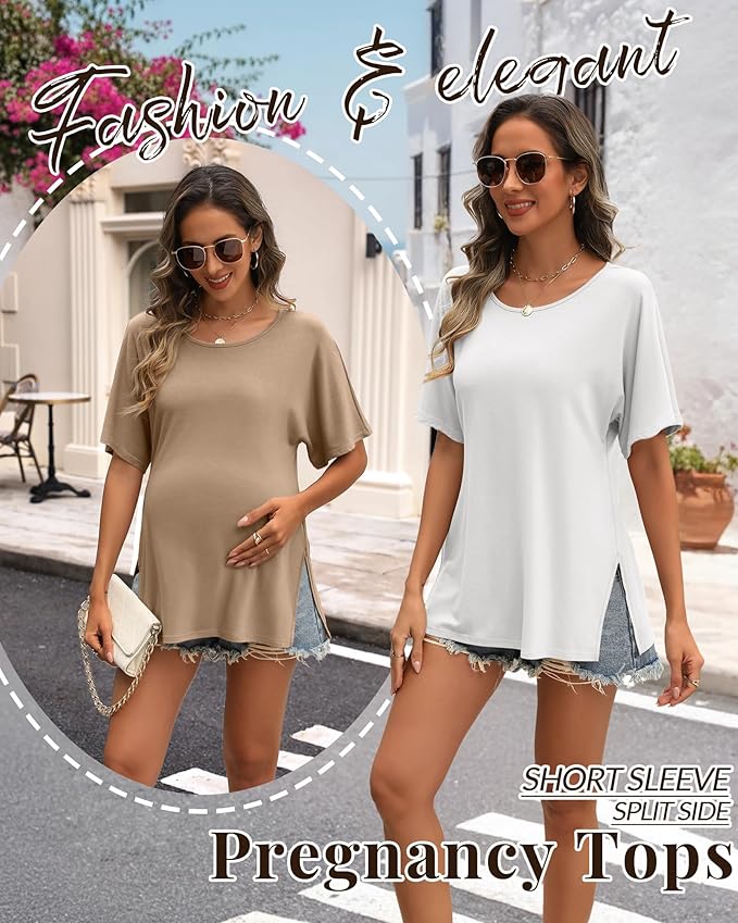 Riyiper 3 Pack Women's Maternity Tunic Shirts Cotton Summer Pregnancy Clothes Loose Oversized Split Side Blouse Tops