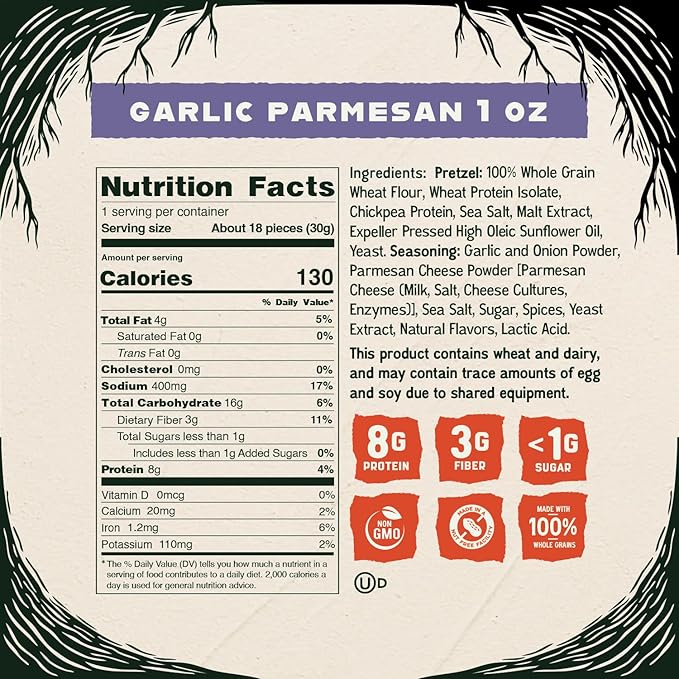 Kindling Protein Pretzels - Garlic-Parmesan | Protein-Packed Snack Size Bags | Kosher | 8-9g Protein Per Serving | No Artificial Flavors, Soy-Free | Lunches, Office Snacks, & On-the-Go | 16-Count (1.06oz Bags)