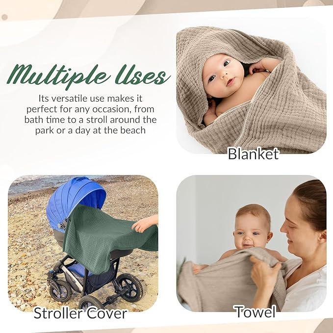 6 Pcs Muslin Hooded Bath Towels Washcloths and Bibs Set, Muslin Cotton Baby Towels Absorbent Hooded Blanket Towel Infant Bibs for Boys Girls Newborn Infant Essential(Dark Green, Beige)