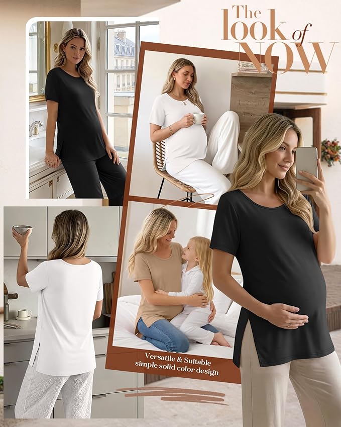 3 Pack Women's Maternity Shirts Short Sleeve Round Neck Side Split Pregnancy Tops Loose Summer Casual Mama Clothes