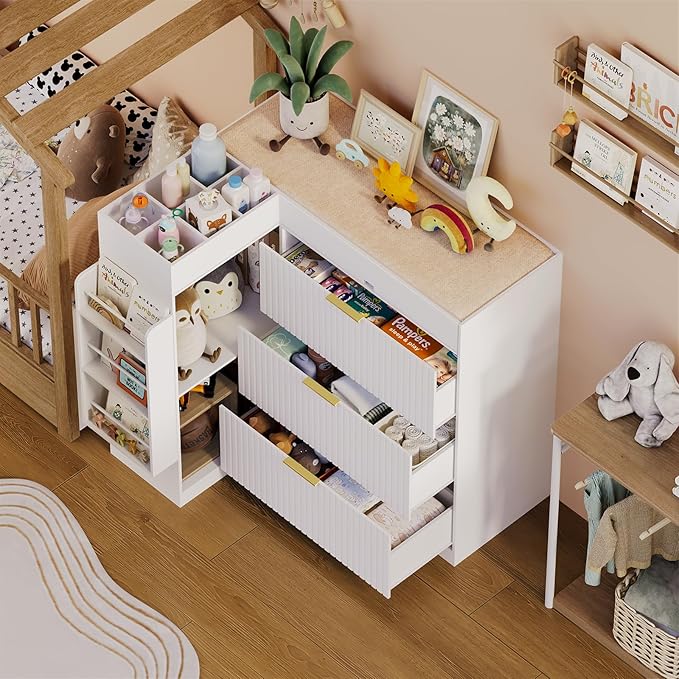 Nursery Changing Table Dresser,Diaper Changing Table with Storage,Corner Baby Dressing Table with 3 Drawers and 2 Shelves, Modern Storage Crib with Changing Station for Nurseries and Baby Rooms