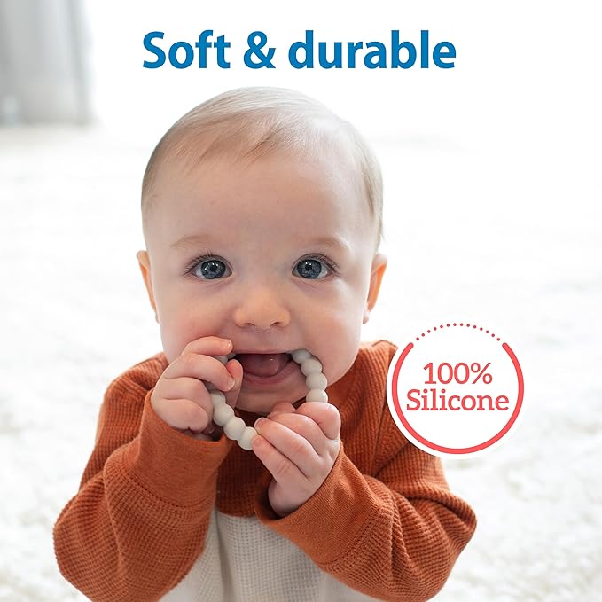 Dr. Brown's Flexees Teether Rings, 100% Silicone, Soft and Easy to Hold, Encourages Self-Soothe, 3 Pack, Blue, Light Blue, Black, BPA Free, 3m+