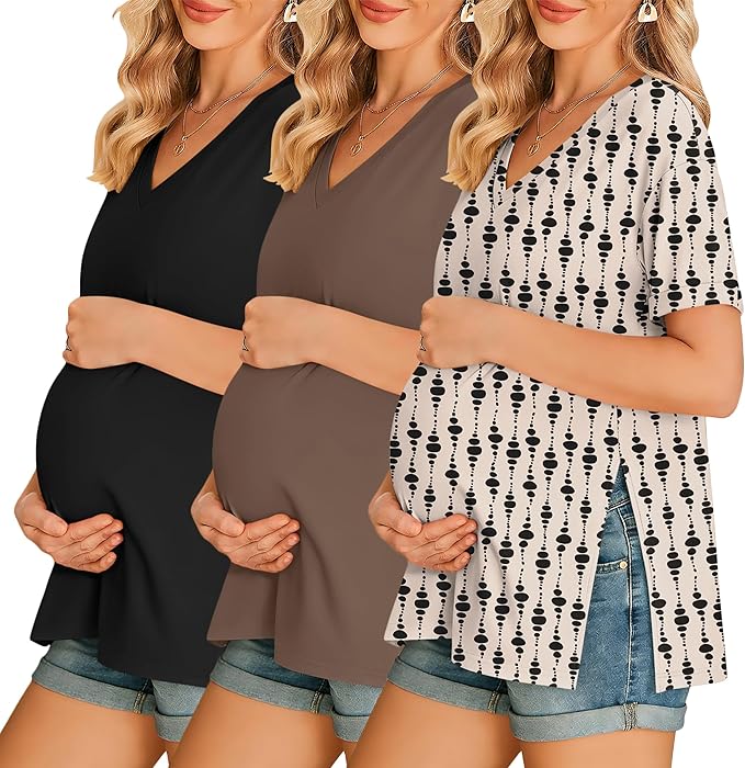 Ekouaer 3 Packs Women's Maternity Shirts V Neck Pregnancy Tops Short Sleeve Casual Workout Tees Side Split Mama Clothes