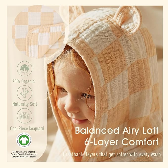 Ultra-Soft Muslin Toddler Hooded Towel - 55 x 28 Inches, Ideal for Bath & Beach, Suitable for Both Boys & Girls from Newborns to Toddlers (Beige Checkered)