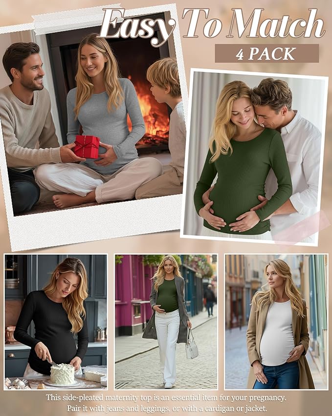 Huukeay 4 Pack Women's Maternity Shirts, Long Sleeve Cotton Ribbed Pregnancy Tops Side Ruched Crew Neck Casual Mama Clothes