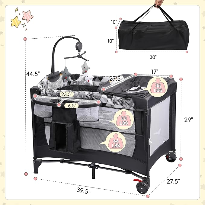 Xilingol 5-in-1 Baby Bassinet Bedside Sleeper, Portable Pack and Play with Changing Table, Baby Crib with Carry Bag, Cosleeper Bassinet Attach to Bed for Newborn to Toddlers