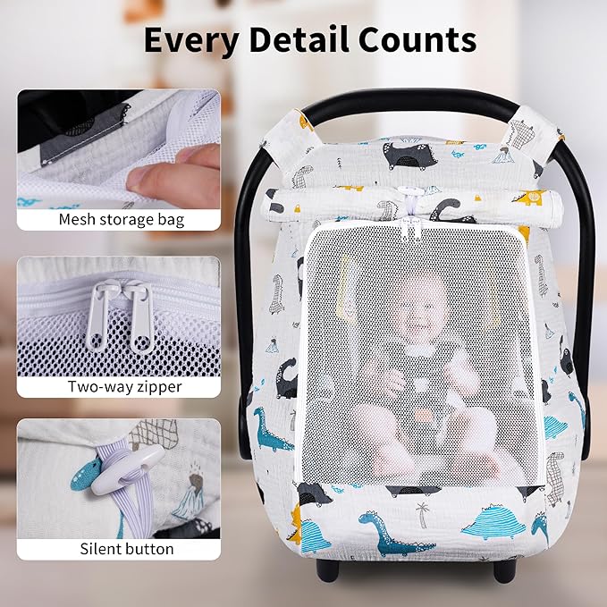 Rquite Car Seat Cover Baby, Carseat Covers Girl Boy, Breathable Muslin Cotton, Large Mesh Window, Infant Car Seat Canopy Baby Carrier Cover Stroller Sun Shade for Summer & Hot Day