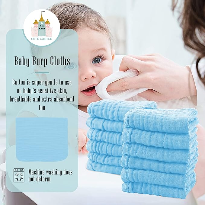 Cute Castle 12 Pack Muslin Burp Cloths for Baby - Ultra-Soft 100% Cotton Baby Washcloths - Large 20'' by 10'' Super Absorbent Milk Spit Up Rags - Burpy Cloths for Unisex, Boy, Girl - Aquamarine