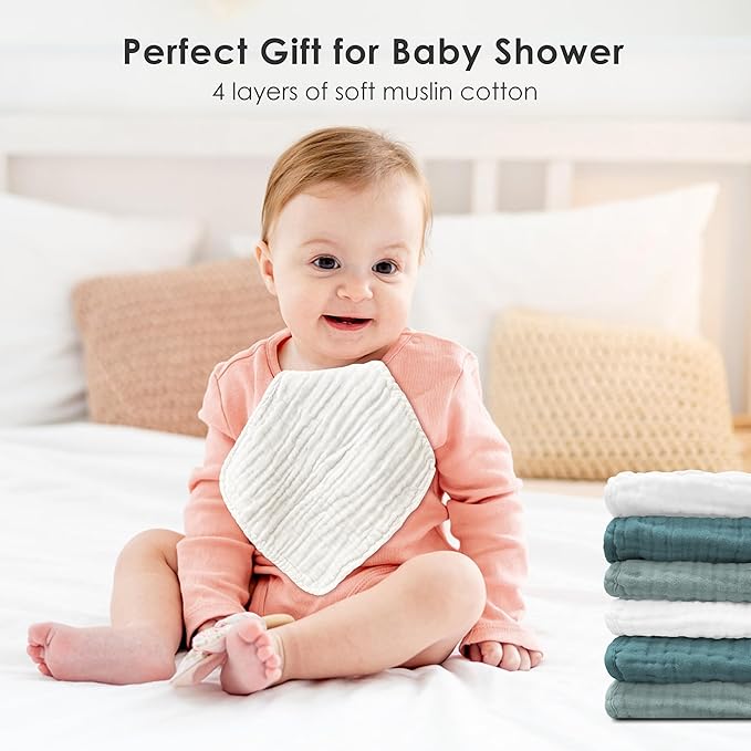 Sunny zzzZZ Baby Muslin Washcloths -100% Cotton Muslin Soft Baby Bath Wash Cloths and Absorbent Burp Cloths for Newborns Kids Girls and Boys -12 Pack, 12x12 Inches - White+Light Emerald Series