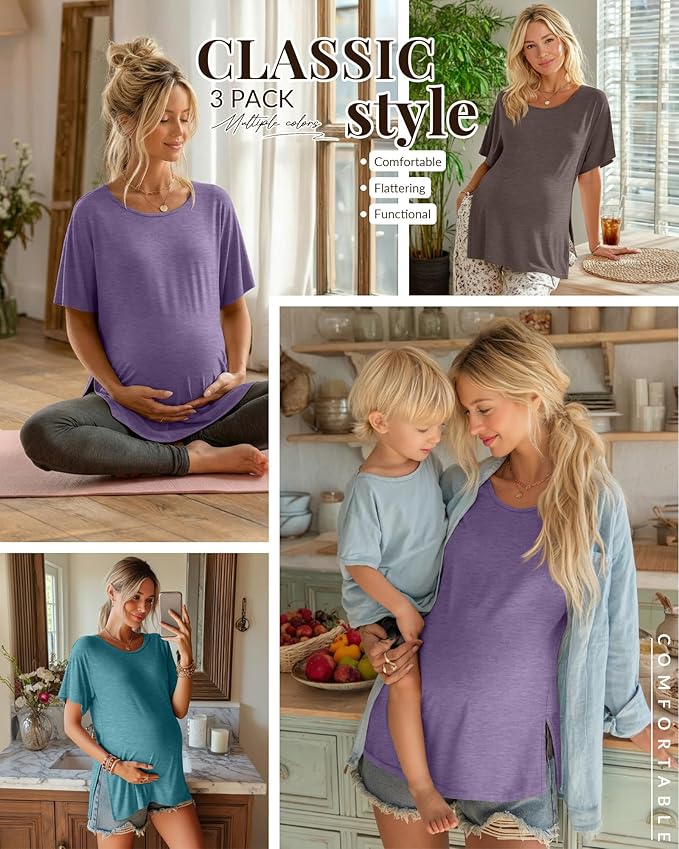 Riyiper 3 Pack Women's Maternity Tunic Shirts Cotton Summer Pregnancy Clothes Loose Oversized Split Side Blouse Tops