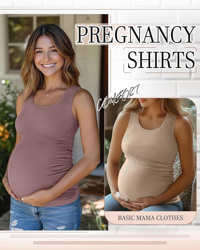 Riyiper 3 Pack Women's Maternity Tank Tops, Sleeveless Cotton Pregnancy Shirts Ribbed Knit Sides Ruched Basic Mama Clothes