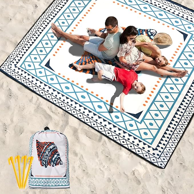 Beach Blanket Waterproof Sandproof Beach Mat 79" X 83"/10'x9'for 2-8 Adults Quick Drying Outdoor Picnic Mat Beach Accessories for Travel, Camping, Hiking