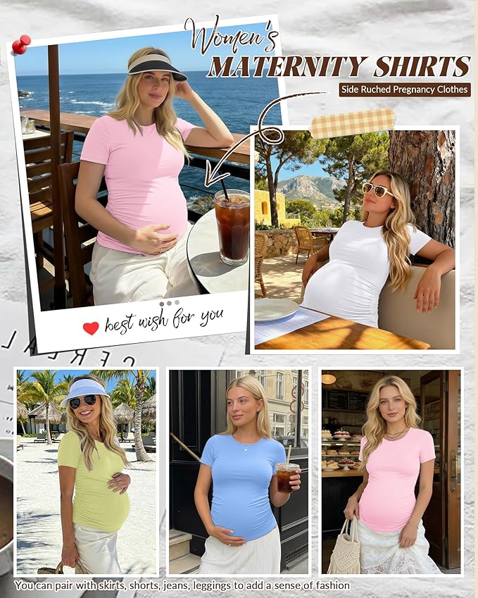 Huukeay 4 Pack Women's Maternity Shirts, Crew Neck Maternity Top Short Sleeve Casual Cotton Tee Side Ruched Pregnancy Clothes