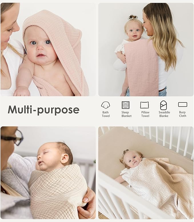 Hooded Baby Bath Towels, 100% Muslin Cotton Baby Girl Towels with Hood for Neutral Newborn Infants, Soft & Absorbent, Large Size - 32 * 32 Inches (Ivory & Pink)
