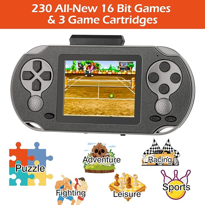 16 Bit Handheld Game for Kids Adults, 3.0'' Large Screen Preloaded 230 HD Classic Retro Video Games with USB Rechargeable Battery & 3 Game Cartridges for Birthday Gift for Kids 4-12 (Black)