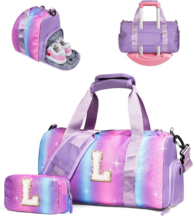 Gifts for Granddaughter-Girl Gym Bag with Shoe Compartment, Kid Personalized Weekender Overnight Bags, Initial Travel Tote with Makeup Pouch, Trendy Stuff for Teen Sister (Letter L)
